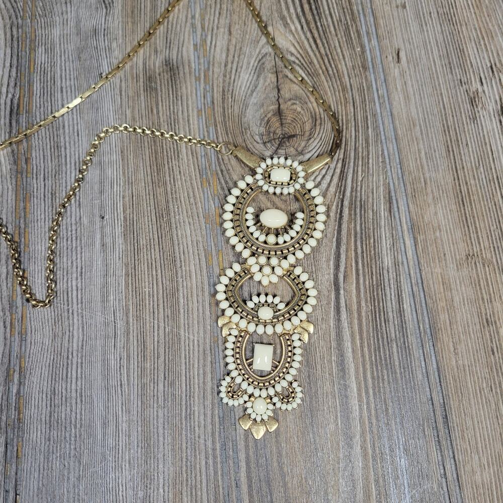 Stella Dot Havana Convertible Statement Necklace Gold Tone White Cabochon Boho